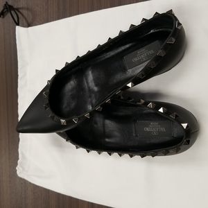 Valentino Rockstud Noir Studded Black Leather Pointed Toe Ballet Flats